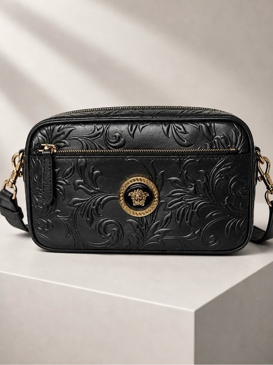 Versace Handbags - Versace Black Embossed Leather Crossbody with Gold Medusa Emblem